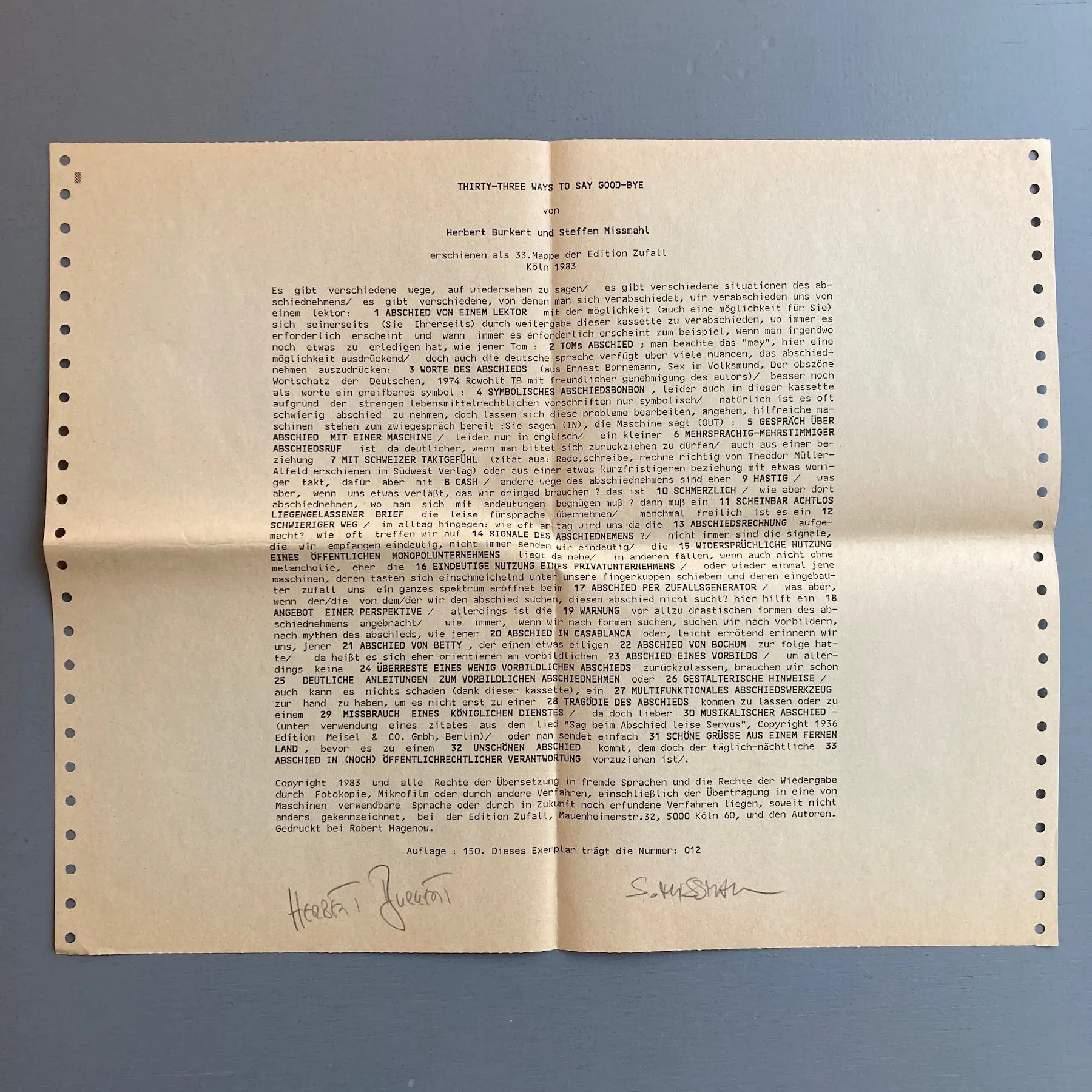 Herbert Burkert & Steffen Missmahl - Thirty-three ways to say good-bye - Edition Zufall 1983 - Image 4