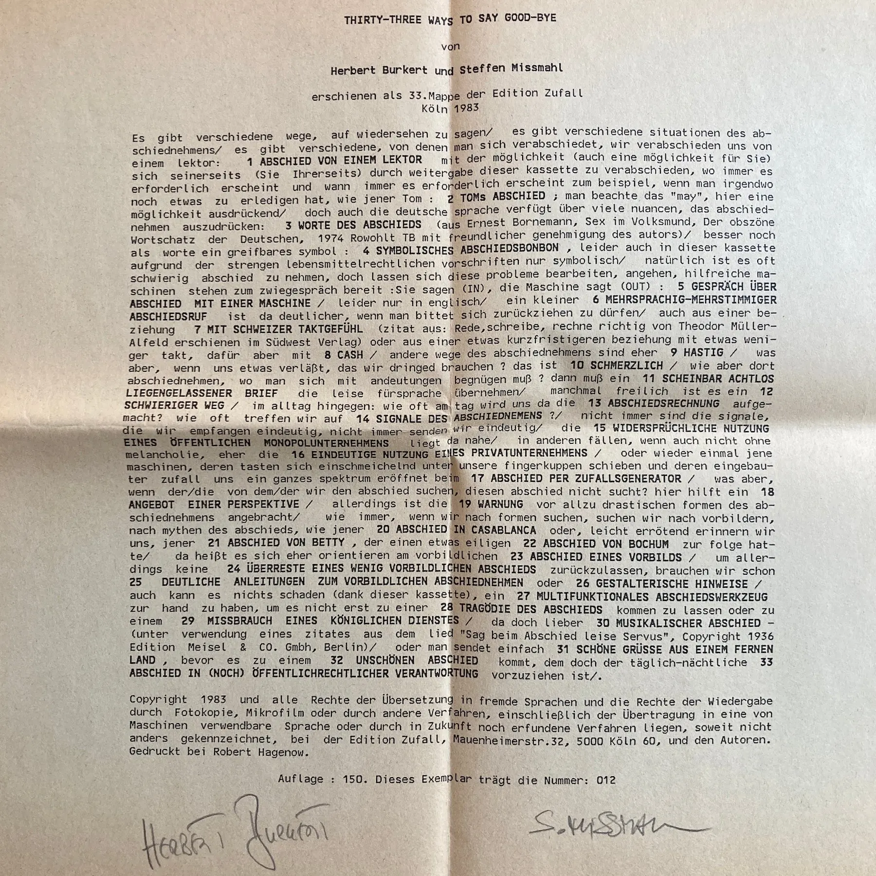Herbert Burkert & Steffen Missmahl - Thirty-three ways to say good-bye - Edition Zufall 1983 - Image 5